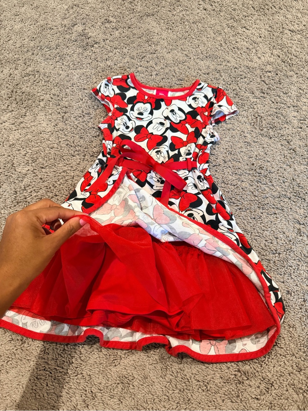 Disney Red and White Minnie Mouse Print Dress with Bow Tie Waist - Picture 2 of 7